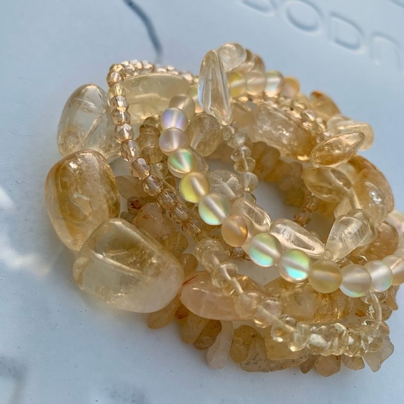 Natural Yellow Citrine & Matte Quartz Gemstone Mixed Bead Bracelet Stack - Picture 5 of 6